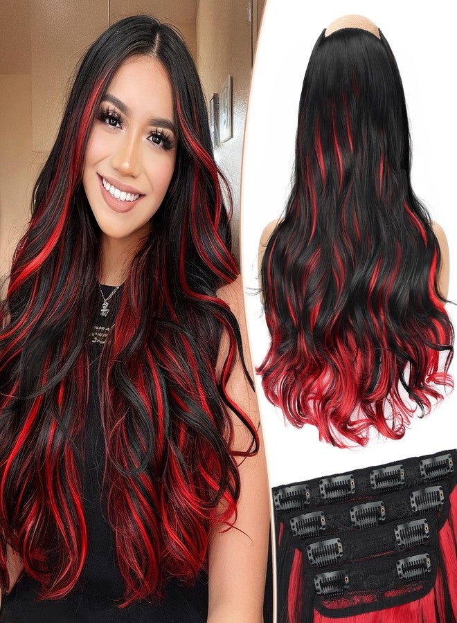 KooKaStyle Clip In Hair Extensions, Natural Long Layered Soft Invisible Synthetic Curly Wavy Hairpieces for Women, 4 pcs (20 Inch,Black Mix Red Highlights) - Image 1